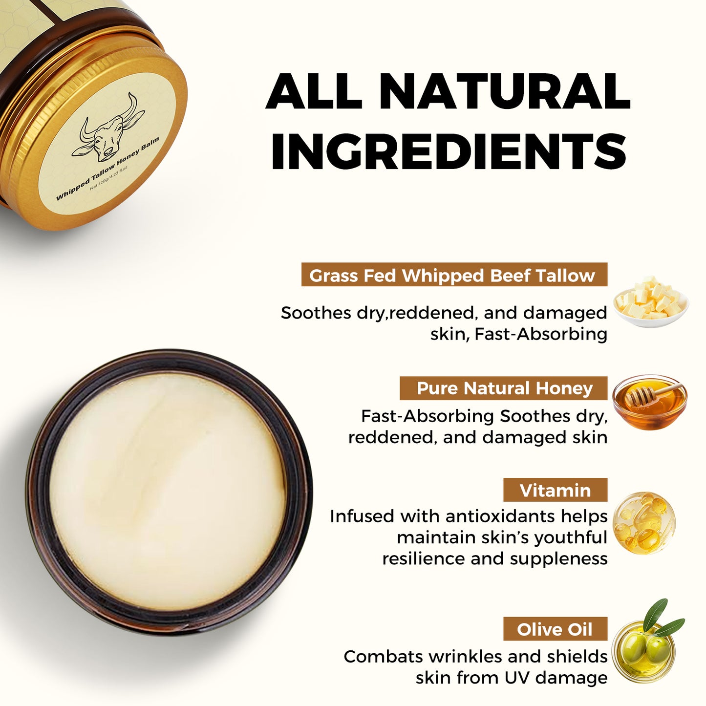 Organic Grass Fed Beef Tallow Moisturizer 4.23oz Hydrating Cream for Dry Sensitive Skin